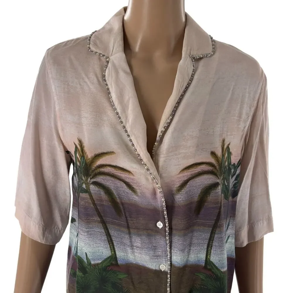 Sandro Paris Pink Embellished Tropical Hawaiian Button Down Top - Picture 5 of 12